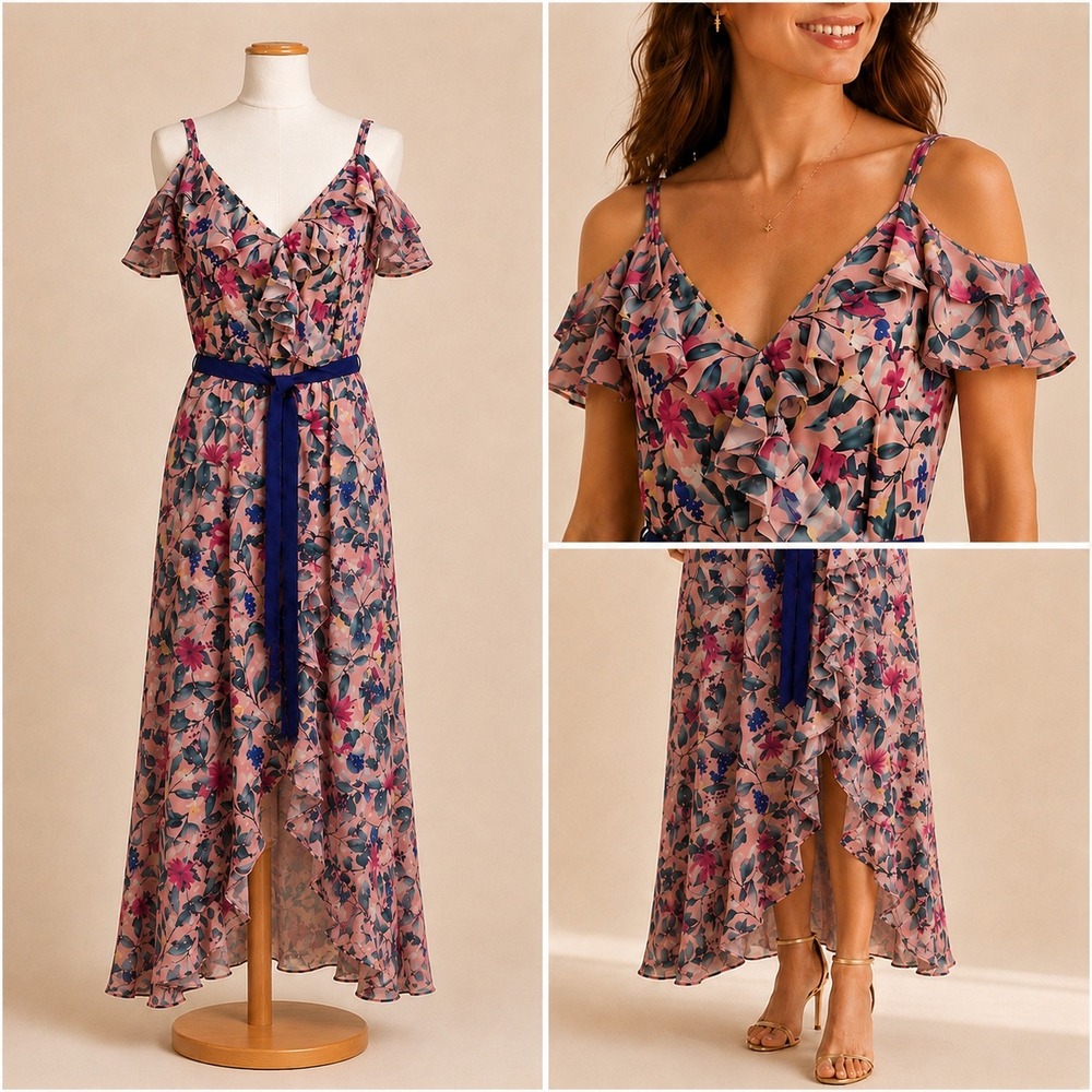 Cortefiel Floral Maxi Dress L Pink Ruffle Belted long wedding guest Garden party